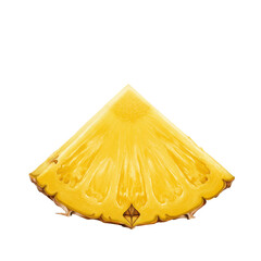 Triangular slice of pineapple, with its yellow flesh and textured skin on a white background