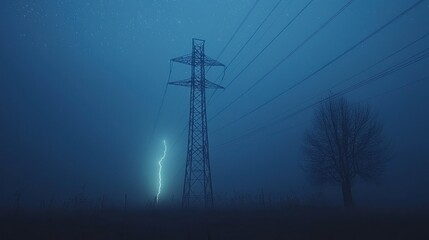 Misty night, power lines, lightning strike