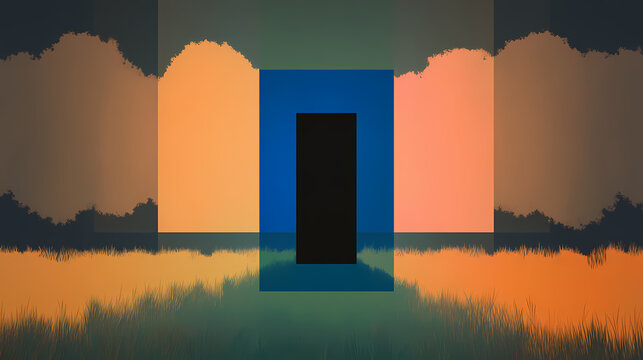 A portal in the middle of a quiet meadow, showing a glimpse of a parallel universe. Parallel Quiet. Illustration