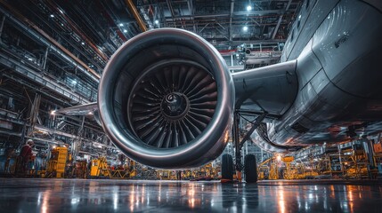 Obraz premium Inside a spacious aircraft manufacturing facility, a large jet engine is prominently displayed, with workers attending to various tasks