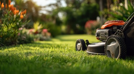 Fototapeta premium A lawn mower is actively cutting the lush green grass in a beautiful garden filled with colorful flowers and plants under the bright afternoon sun, creating a serene atmosphere