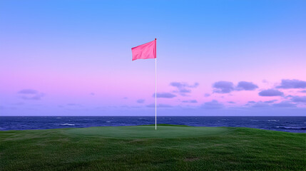 Pink Golf Flag on Green Grass by Ocean at Sunset