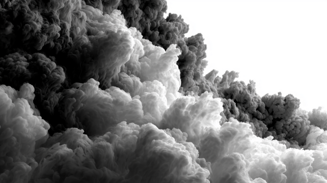 Abstract black and white cloud formation resembling smoke or explosive dispersion visuals isolated on white transparent background PNG cutout mockup template