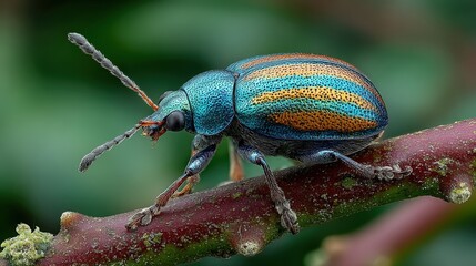 Fototapeta premium Shiny beetle on a branch in a lush green forest background during daylight