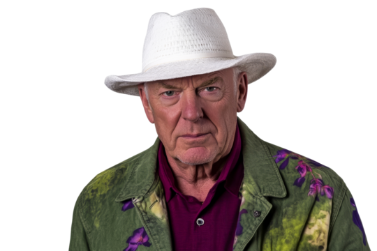 Serious older male in hat and green jacket, portrait, cut out transparent