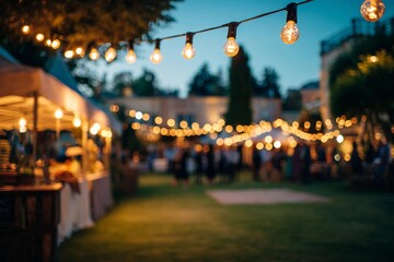 Evening gathering with string lights illuminating the outdoor market event