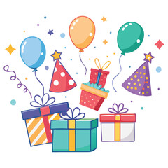 Festive Gift Box Icons with Confetti Balloons Sparkles and Party Hat for Holiday Celebrations

