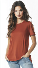 Obraz premium Casual young woman in rust colored t-shirt and blue jeans posing confidently with hands in pockets, long hair flowing, studio lighting.
