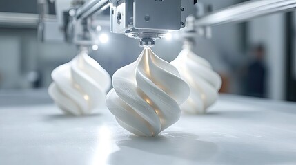 Three delicate, white 3D printed objects suspended from a printer.