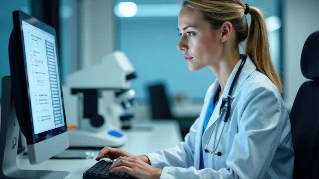 Female doctor in white uniform sit at desk read news on laptop learn information statistics of coronavirus infected patients feels stressed, problems at work, professional failure, dismissal concept - Powered by Adobe