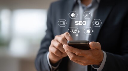 In a modern office setting, an individual in a suit interacts with a smartphone