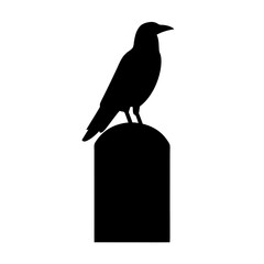 Black raven silhouette perched atop a stylized tombstone marker, mysterious imagery