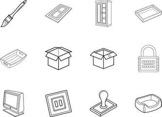 Multiple black outline icons scattered show varied objects against transparent background