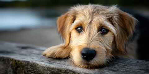 Playful puppy resting on a wooden surface by a peaceful lake in the early morning light