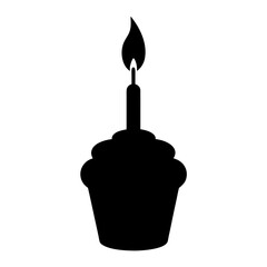 Black Silhouette of Cupcake with Candle and Flame on White Background