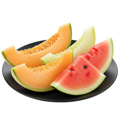 Sliced cantaloupe and watermelon on a black plate, a juicy and refreshing fruit mix
