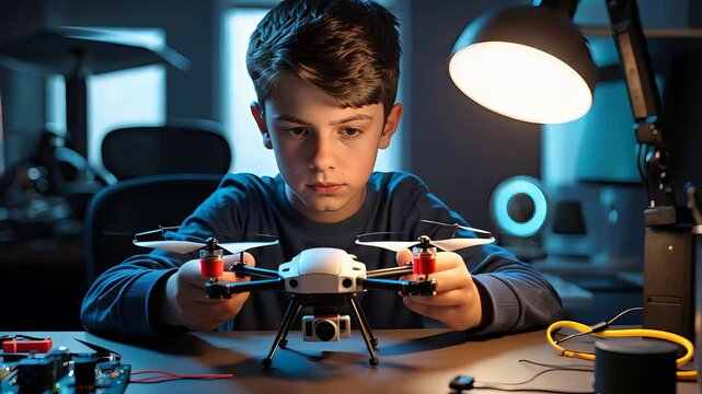 Focused boy assembling drone under desk lamp in modern tech workspace surrounded by tools and electronics during robotics or STEM activity

