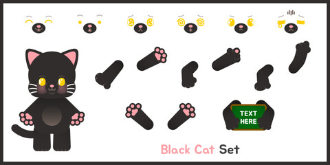 A set of charming black cat clipart with 7 facial expressions and 6 arm poses. Ideal for presentations, teaching aids, educational materials, and creative design projects.