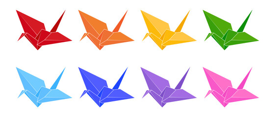 Obraz premium Multicolored paper cranes set. Paper cranes in rainbow colors. Origami flying bird symbol. Vector illustration