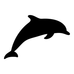 Black silhouette of a dolphin leaping out of the water on white background
