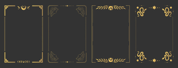 Empty golden border frames for Tarot cards. Tarot templates with space celestial elements and decorations. Vector illustration