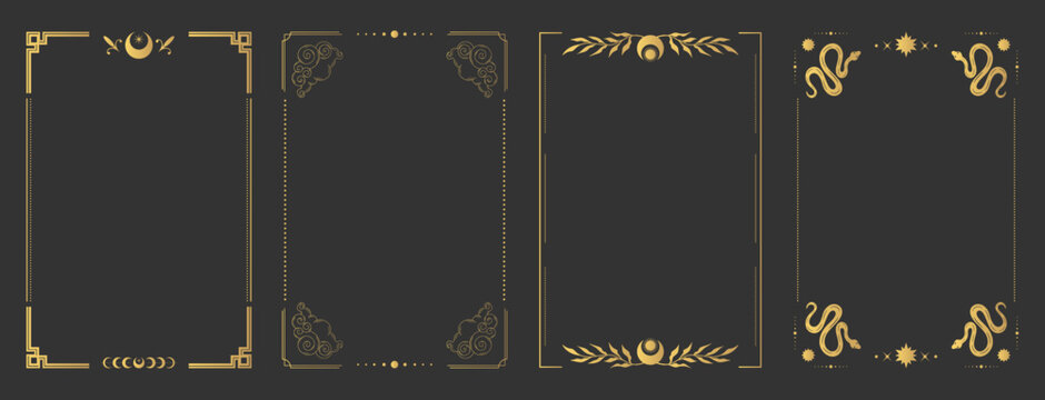 Empty golden border frames for Tarot cards. Tarot templates with space celestial elements and decorations. Vector illustration