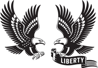 Bald eagle with American flag print on wings diving for a patriotic ribbon. 4th of july Independence Day Clipart. emblem soaring bird usa banner image airfoil hunting red white blue band.