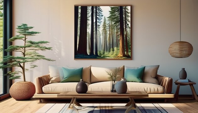 coastal redwood forest inspired decor minimalist design with natural textures wall art and a calming palette for a serene california vibe