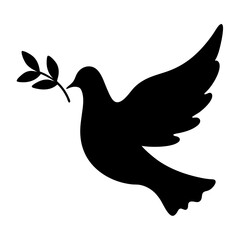 Black silhouette of a dove carrying an olive branch in its beak