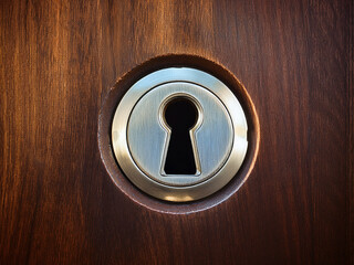 A close-up view of a keyhole in a wooden door, evoking mystery, security, and hidden secrets behind closed doors.