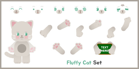 A set of fluffy cat clipart featuring 7 facial expressions and 6 arm poses. Ideal for presentations, teaching aids, educational resources, and creative design projects.