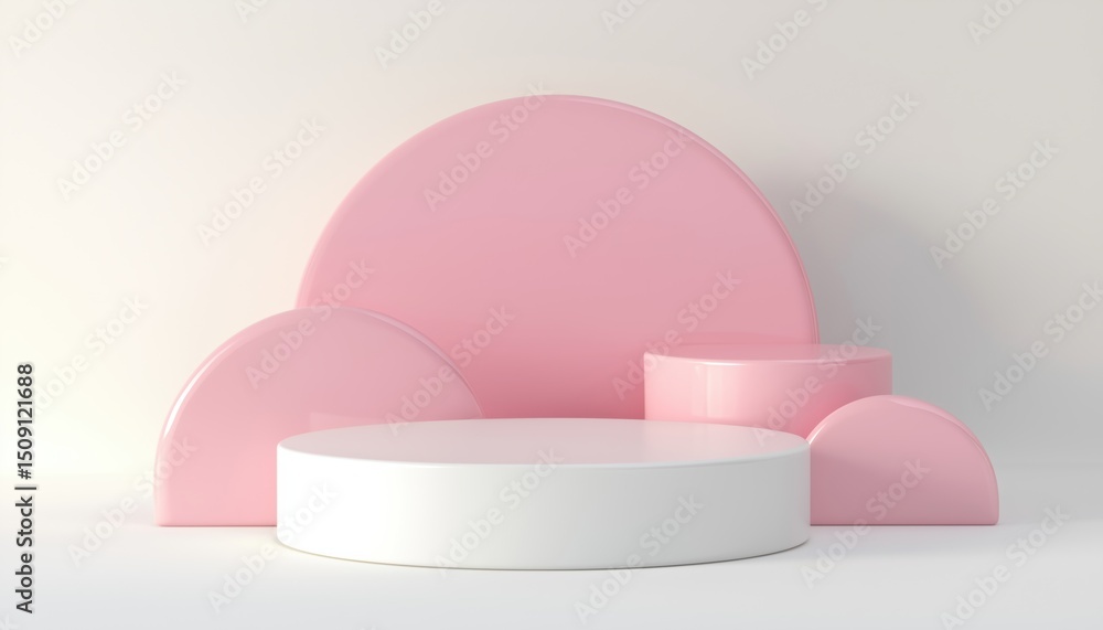 Poster pink and white heart-shaped pedestal podium group with circle backdrop: ideal scene for valentine pr