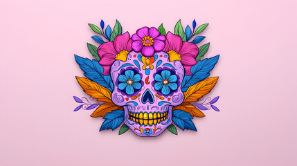 Colorful Pixel Art Sugar Skull with Floral Wreath on Pink Background