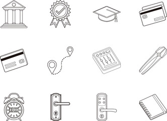 Simple black and white line art icons depicting multiple elements with a transparent background