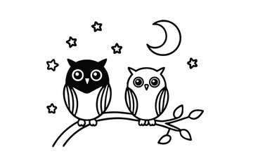 Two cute owls perched on branch night sky stars moon