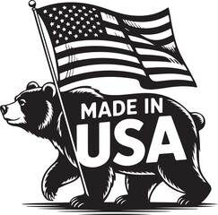 Made in USA label badge or logo design with bear holding american flag silhouette isolated on light background. Vintage styled vector illustration.