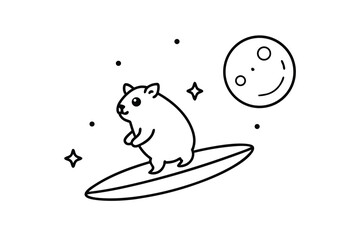 Cute hamster surfing in space with moon background