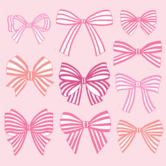 Set of hand drawn pink striped vector bows for clipart sticker or nursery design.