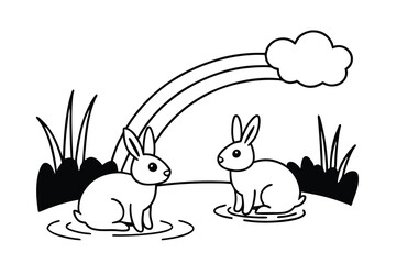 Two bunnies sitting by a rainbow in a pond