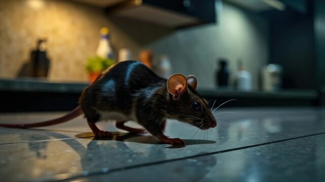 Close-up of a young brown Norway rat sitting still on the kitchen floor, washing and grooming himself with his front paws. A young rodent in an indoor setting.