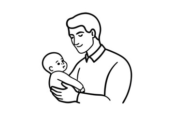 Father gently holding newborn baby line art illustration