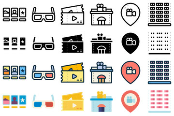 Cinema icon set related to movie poster, 3d glasses, cinema ticket, cinema building, cinema location, cinema seating, and others. vector illustration with line, outline, lineal color, flat style
