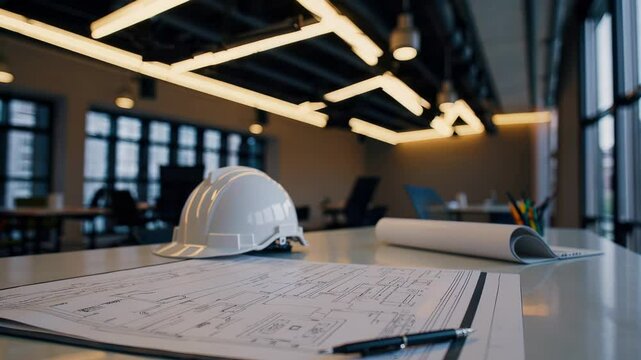 Architectural blueprints and drafting tools in modern office environment
