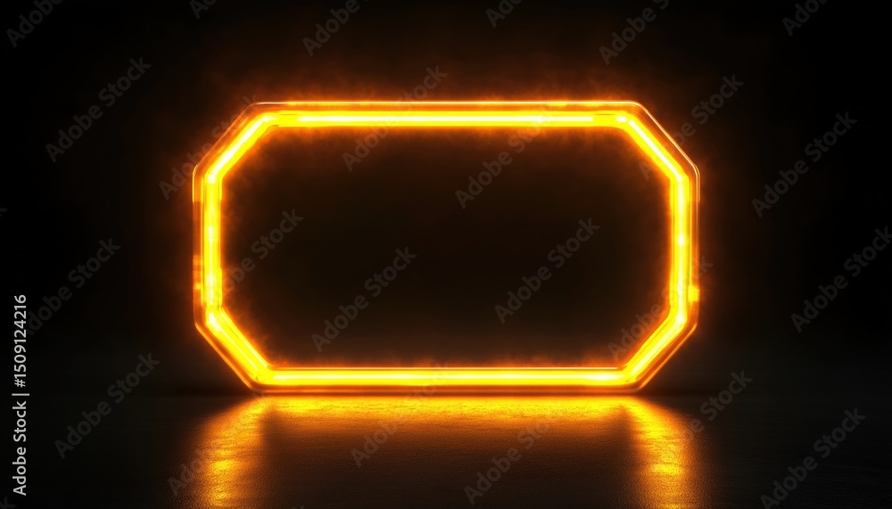 Poster dark techno backdrop with neon rounded parallelogram frame and shimmering effects. vibrant and empty