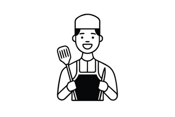 Happy chef holding spatula and knife cooking food