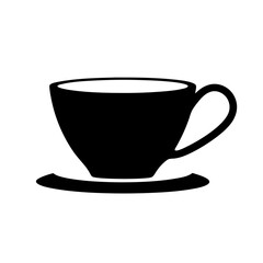 Simple black and white icon illustration of a coffee cup on saucer