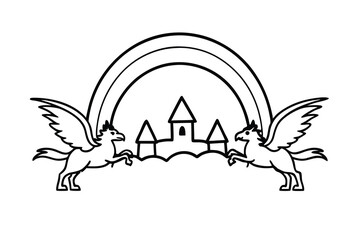 Fototapeta premium Two winged horses flying over a castle rainbow background