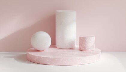 Stylish Showroom Showcase: Contemporary Pink And White Circular Platform, Cylinder, And Sphere On Light Pink Background For Product Displays And Mockups.