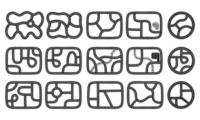 toy road layout collection with curves, intersections and roundabouts in flat black style on white background, concept of kids map builder, preschool play, creative street design