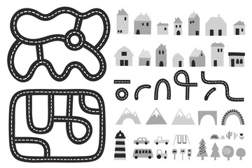 modular toy road map builder with houses, roads, vehicles, mountains, trees and signs in flat black and gray style on white background, concept of kids creative design, educational play